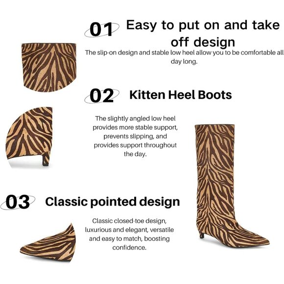 ⚡Women's Zebra Pattern Knee High Boots Pointed Toe Kitten Heel Casual Long Boots - Picture 4 of 7